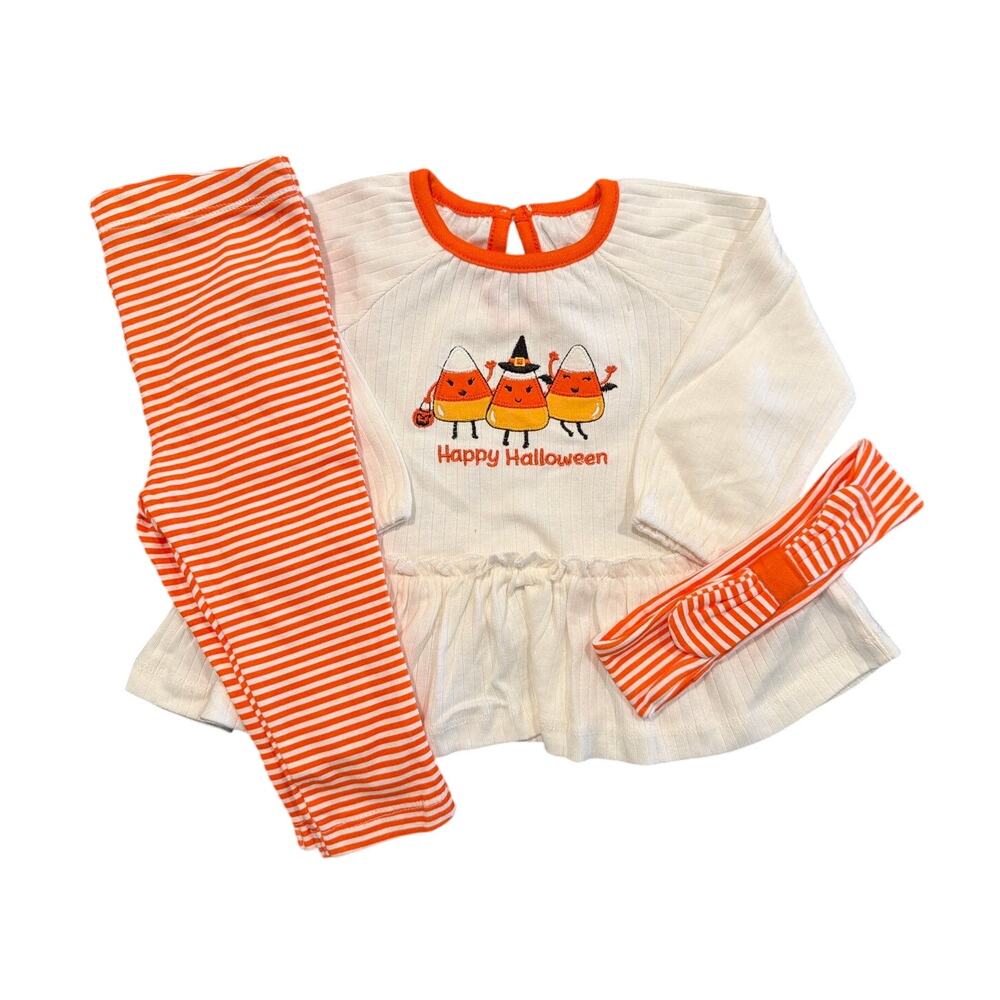NWOT Little Me 3-Piece Halloween Outfit Set, Orange and White, 9 Months